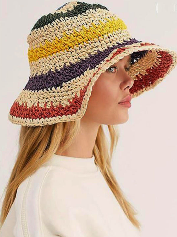 Rainbow Striped Braided Straw Fisherman Sun Hat for Beach - Image 7