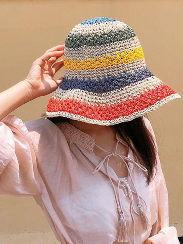 Rainbow Striped Braided Straw Fisherman Sun Hat for Beach - Image 5