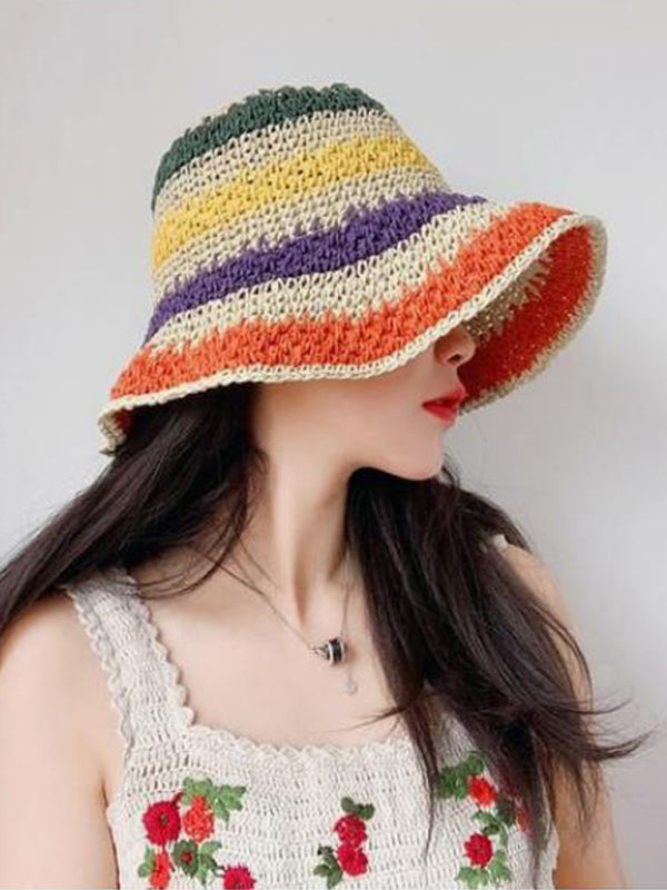 Rainbow Striped Braided Straw Fisherman Sun Hat for Beach - Image 6