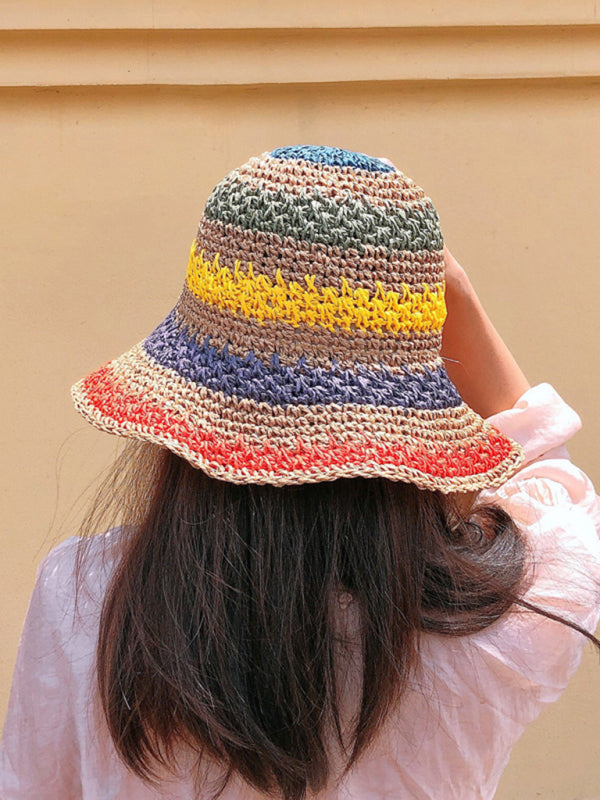 Rainbow Striped Braided Straw Fisherman Sun Hat for Beach - Image 3