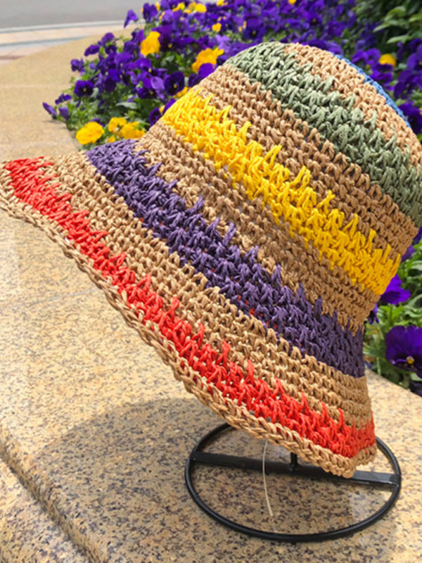 Rainbow Striped Braided Straw Fisherman Sun Hat for Beach - Image 4
