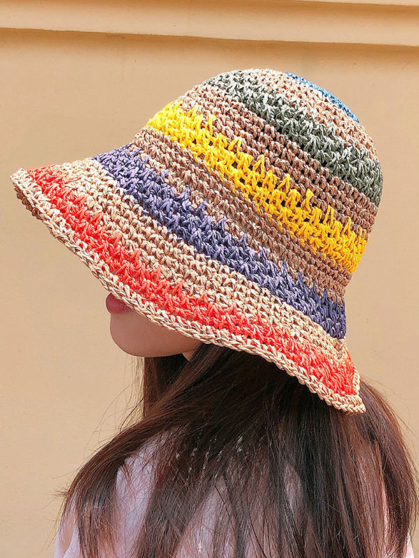 Rainbow Striped Braided Straw Fisherman Sun Hat for Beach - Image 2