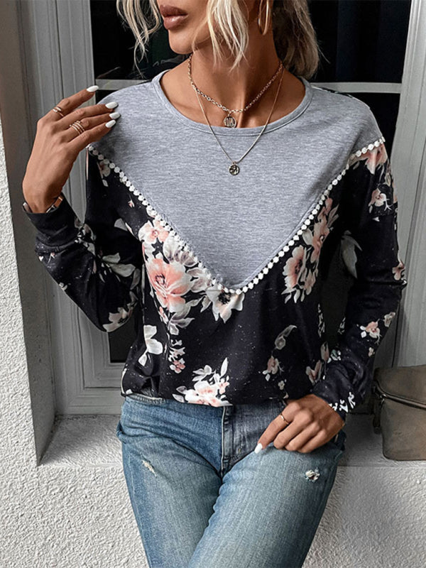 Women's Floral Color Block Long Sleeve Knit Top Grey and Black - Image 4