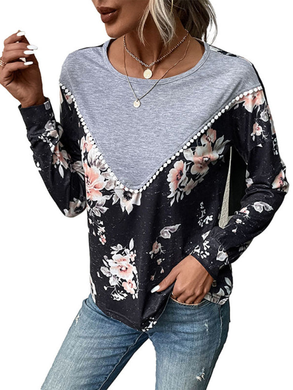 Women's Floral Color Block Long Sleeve Knit Top Grey and Black - Image 2