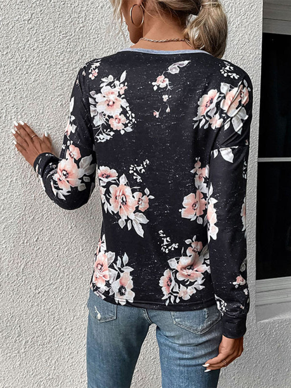 Women's Floral Color Block Long Sleeve Knit Top Grey and Black - Image 3