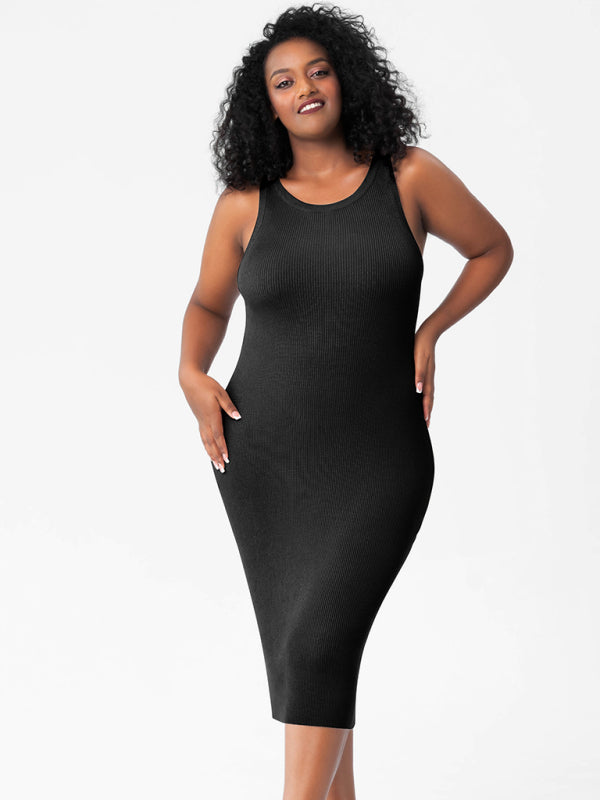 Modern fat mm round neck vest bottoming tight hip knit dress