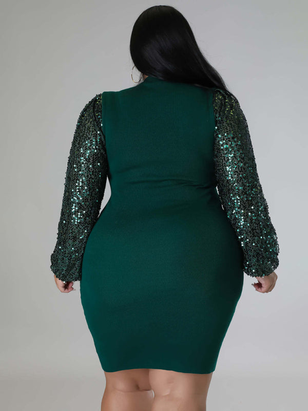 Modern Plus Size Ladies Sexy Solid Color Sequin Puff Sleeve Dress