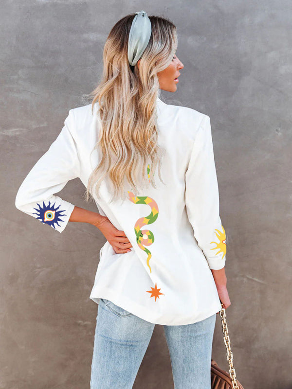 Women's Celestial Print Slim Fit Blazer White Long Sleeve - Image 2