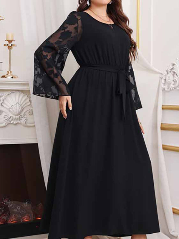Modern large size high waist black polka dot patchwork dress