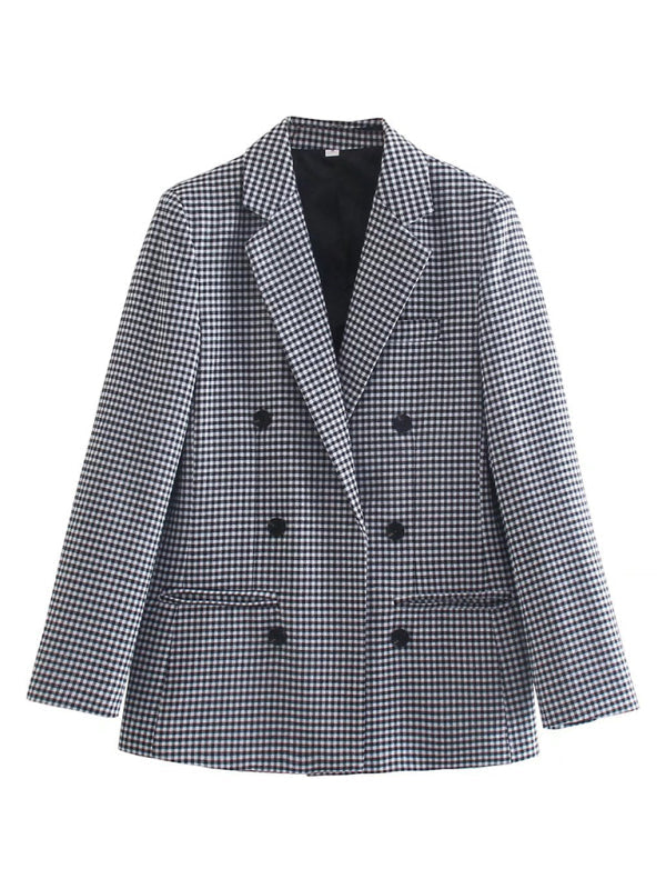 Women's Double-Breasted Plaid Blazer Cotton Blend Jacket - Image 2
