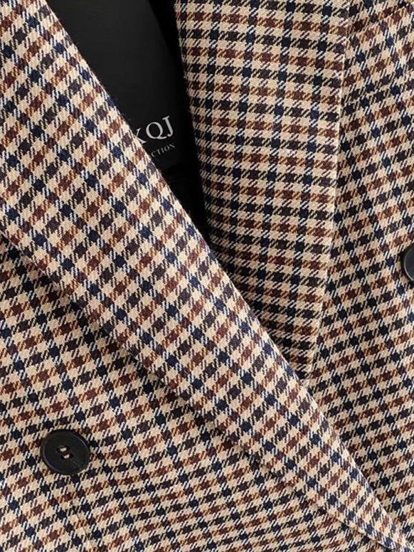 Women's Double-Breasted Plaid Blazer Cotton Blend Jacket - Image 5