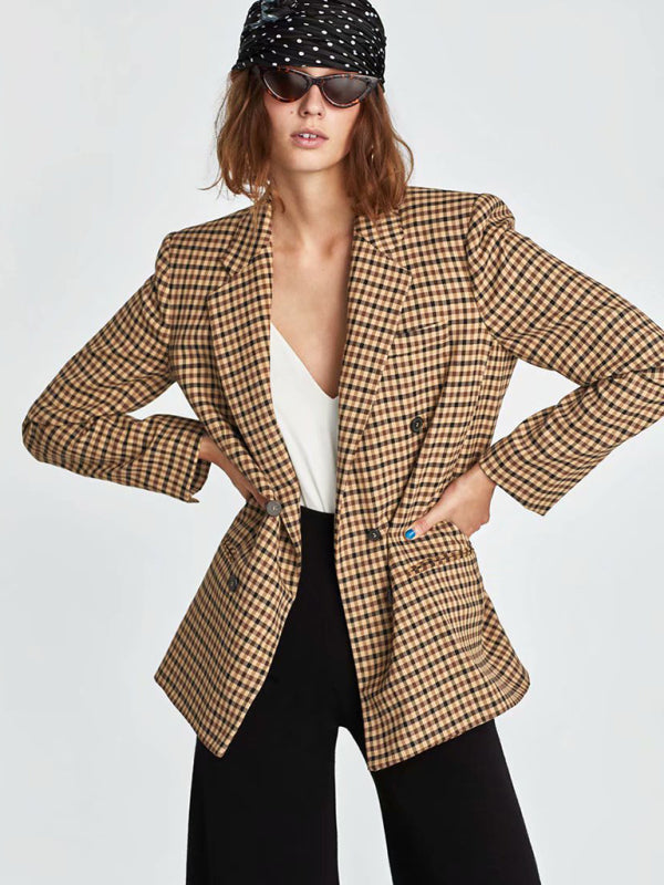 Women's Double-Breasted Plaid Blazer Cotton Blend Jacket - Image 6