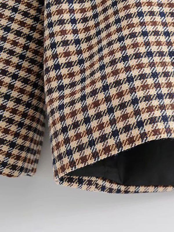 Women's Double-Breasted Plaid Blazer Cotton Blend Jacket - Image 3