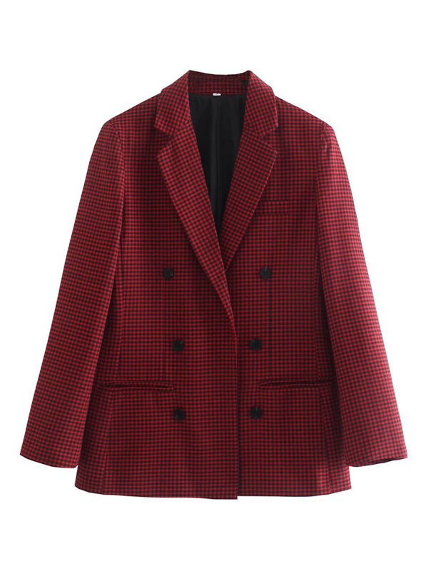 Women's Double-Breasted Plaid Blazer Cotton Blend Jacket - Image 11