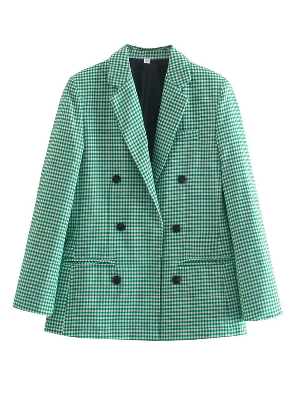 Women's Double-Breasted Plaid Blazer Cotton Blend Jacket - Image 10