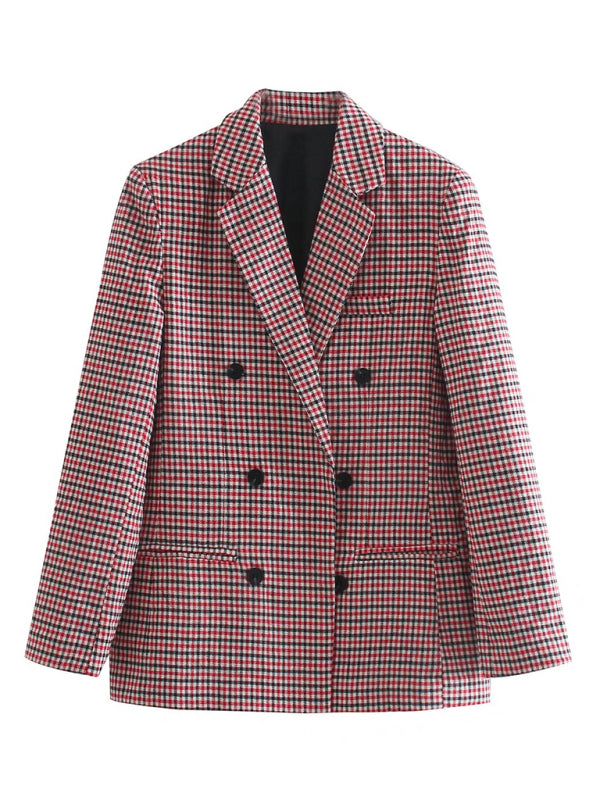 Lady Ros women's double-breasted plaid blazer jacket with peak lapels.