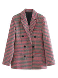 Lady Ros women's double-breasted plaid blazer jacket with peak lapels.