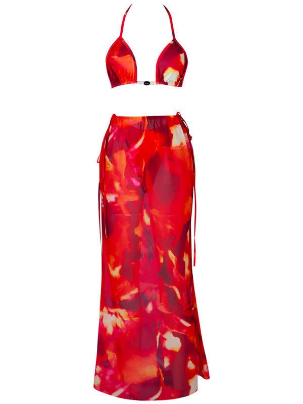 Women's Red Floral Print Halter Bikini and Sheer Maxi Skirt Set - Image 2