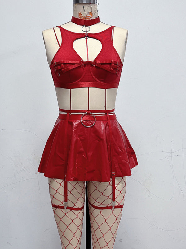 Modern cute mesh sexy bra cosplay leather uniform sexy bra set (including fishnet stockings)