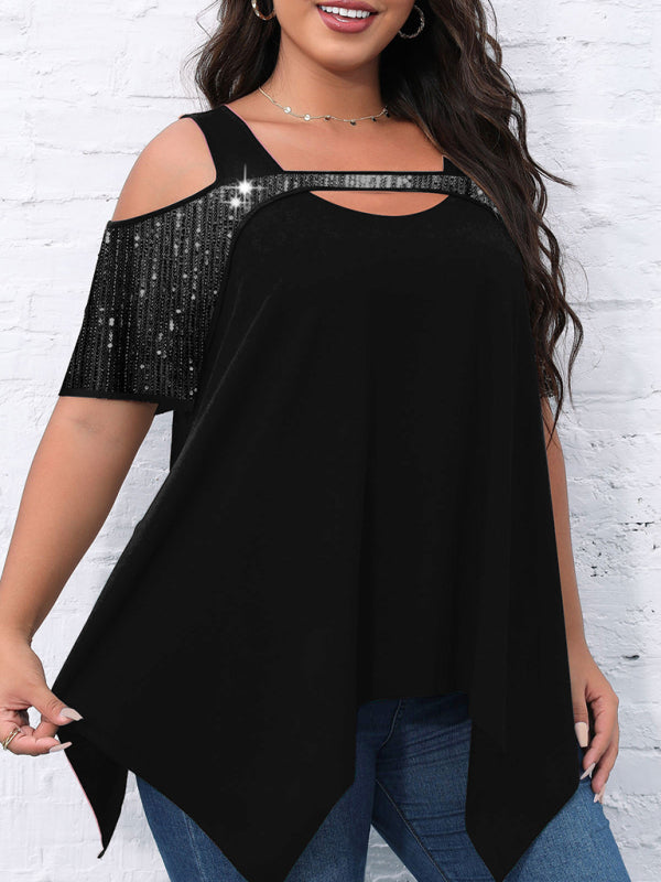 Women's Burgundy Sequin Cold Shoulder Irregular Hem T-Shirt - Image 4