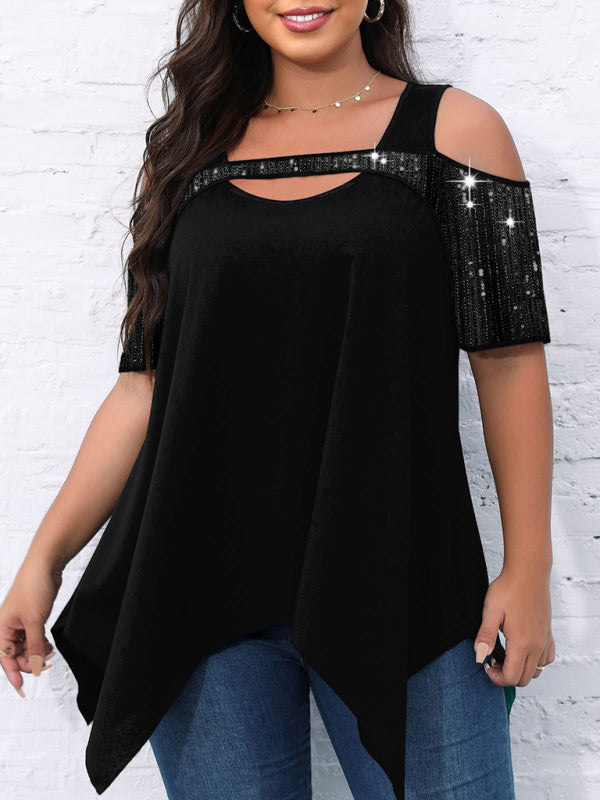 Women's Burgundy Sequin Cold Shoulder Irregular Hem T-Shirt - Image 3