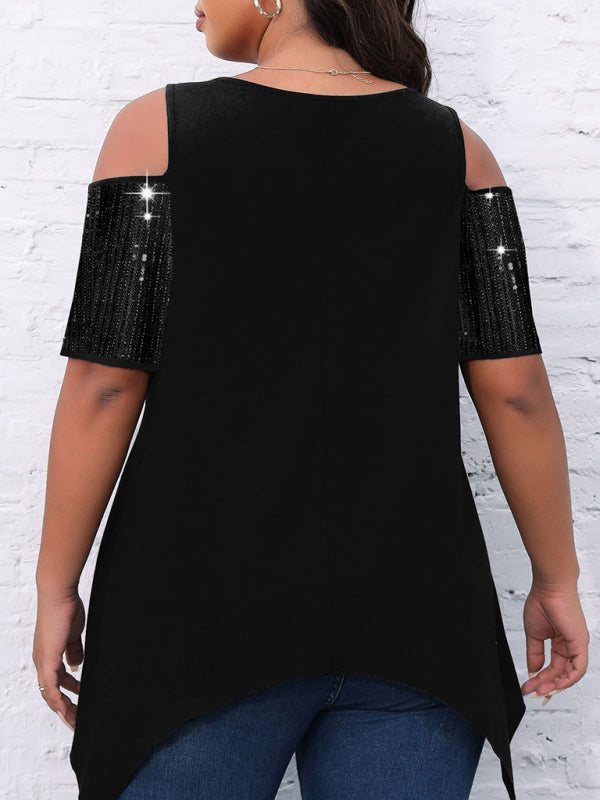 Women's Burgundy Sequin Cold Shoulder Irregular Hem T-Shirt - Image 5