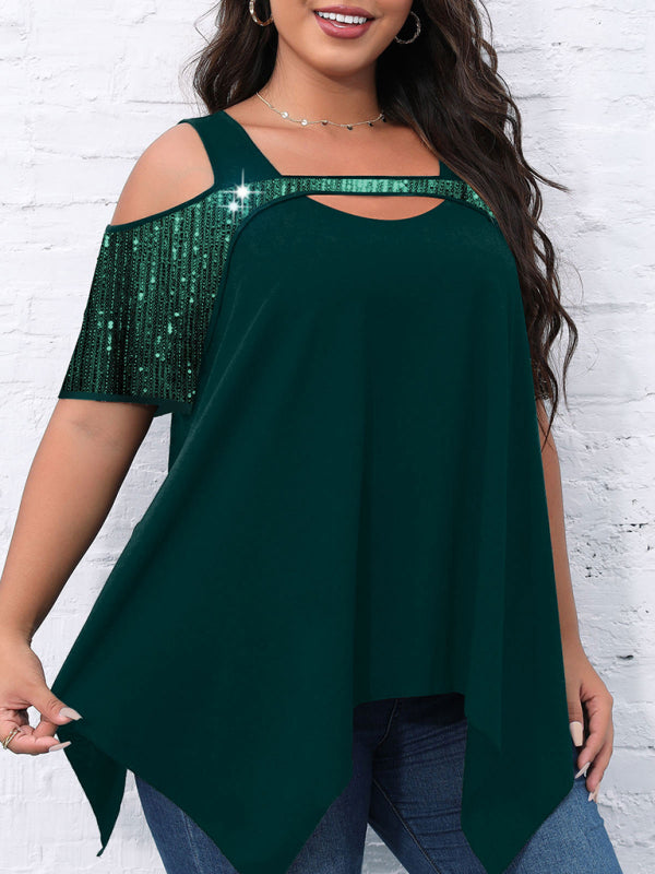 Women's Burgundy Sequin Cold Shoulder Irregular Hem T-Shirt - Image 9