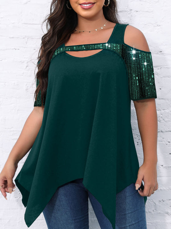 Women's Burgundy Sequin Cold Shoulder Irregular Hem T-Shirt - Image 6