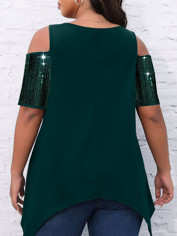 Women's Burgundy Sequin Cold Shoulder Irregular Hem T-Shirt - Image 7