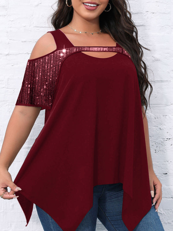 Women's Burgundy Sequin Cold Shoulder Irregular Hem T-Shirt - Image 2
