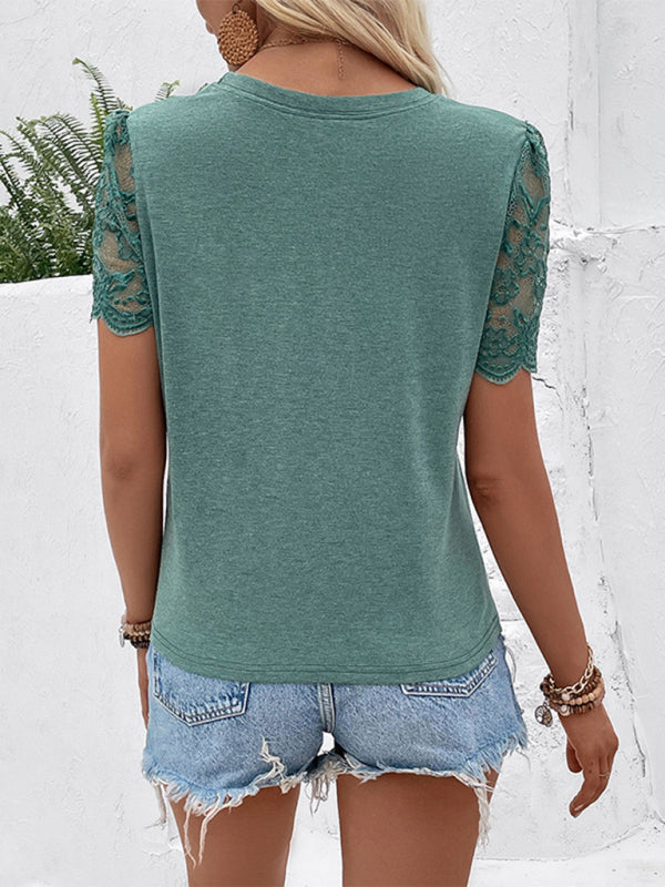 Women's Round Neck Lace Sleeve Knot Front T-Shirt in Green - Image 2