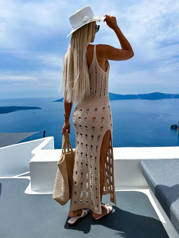 Women's Sexy White Knitted V-Neck Sleeveless Slit Maxi Dress - Image 6