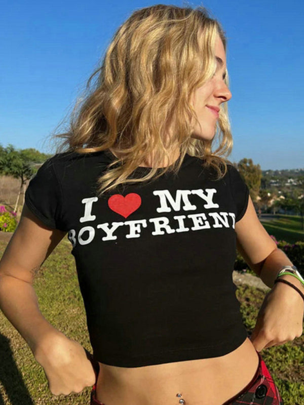 Women's White Graphic Heart Letter Print Short Sleeve Crop Top - Image 5