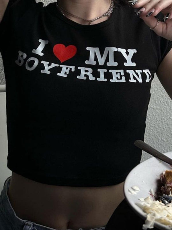 Women's White Graphic Heart Letter Print Short Sleeve Crop Top - Image 6