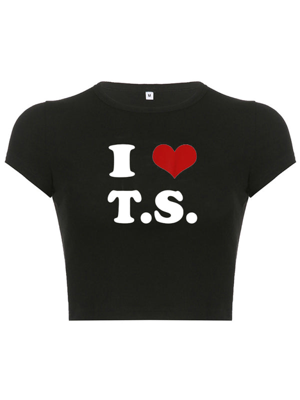Women's White Graphic Heart Letter Print Short Sleeve Crop Top - Image 10