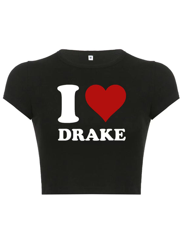 Women's White Graphic Heart Letter Print Short Sleeve Crop Top - Image 9