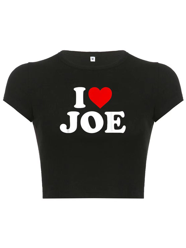 Women's White Graphic Heart Letter Print Short Sleeve Crop Top - Image 3