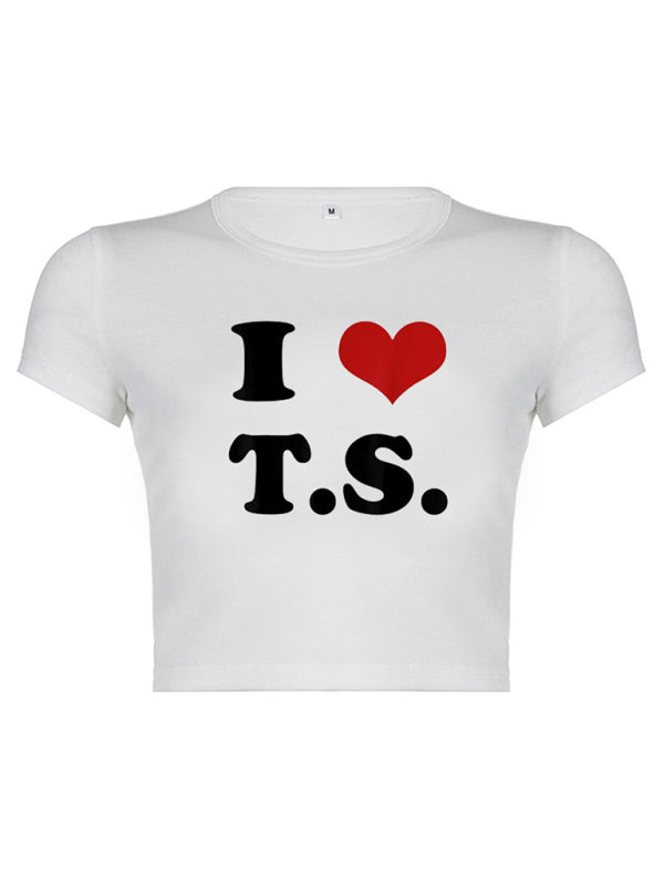 Women's White Graphic Heart Letter Print Short Sleeve Crop Top - Image 2
