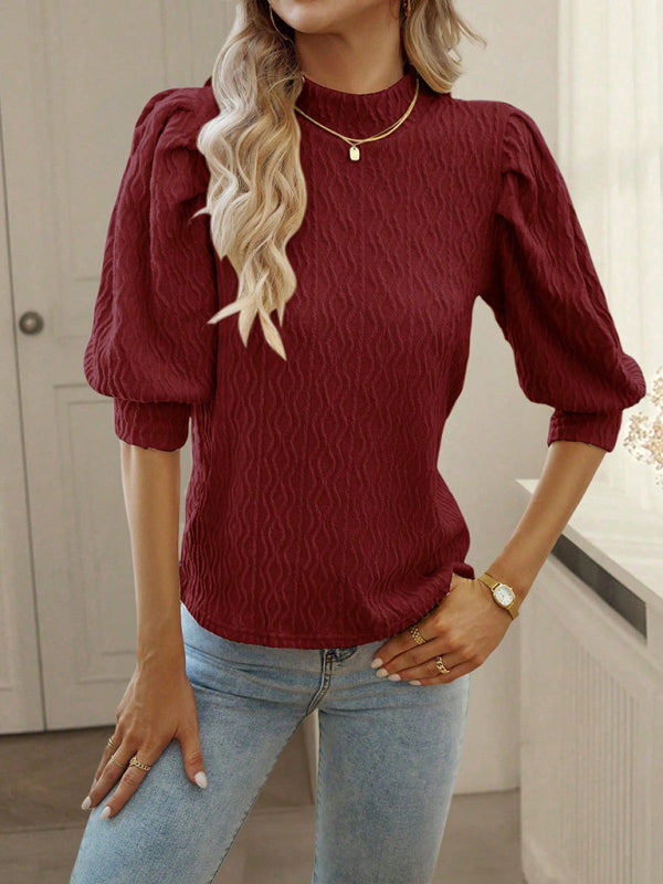 Women's Elegant Mock Neck Puff Sleeve Textured Commuter Top - Image 6