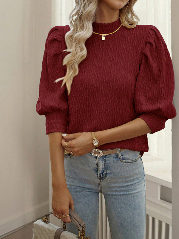 Women's Elegant Mock Neck Puff Sleeve Textured Commuter Top - Image 7