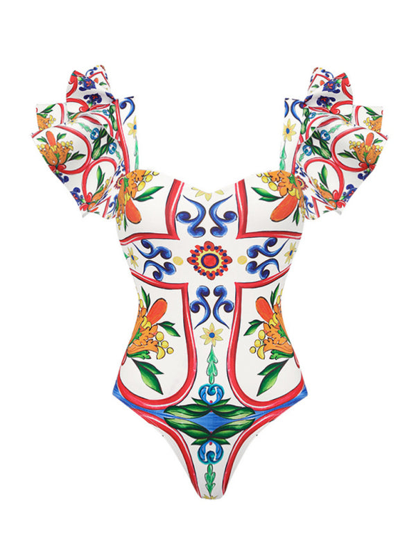 Women's Ruffled Enamel Print One-Piece Beach Swimsuit - Image 2