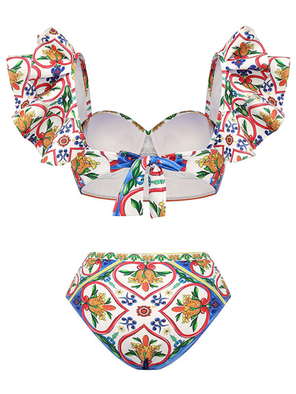 Women's One-Shoulder Ruffled Floral Print Beach Swimsuit Set - Image 9