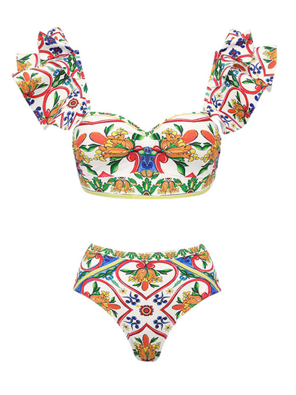 Women's One-Shoulder Ruffled Floral Print Beach Swimsuit Set - Image 7