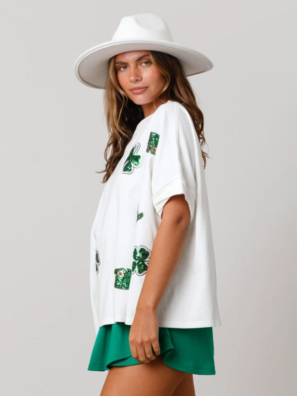 St. Patrick's Day Four-Leaf Clover Sequined Loose Fit T-Shirt - Image 2