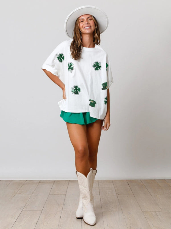 St. Patrick's Day Four-Leaf Clover Sequined Loose Fit T-Shirt - Image 4