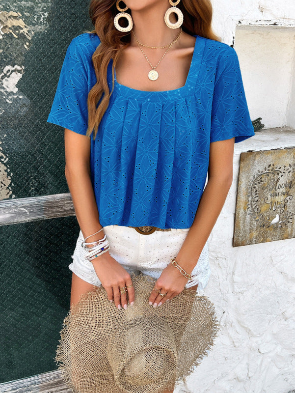 Women's Mauve Eyelet Short Sleeve Square Neck Casual Blouse Top - Image 13