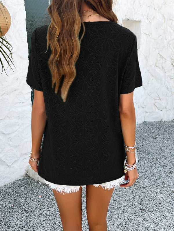 Women's Mauve Eyelet Short Sleeve Square Neck Casual Blouse Top - Image 17