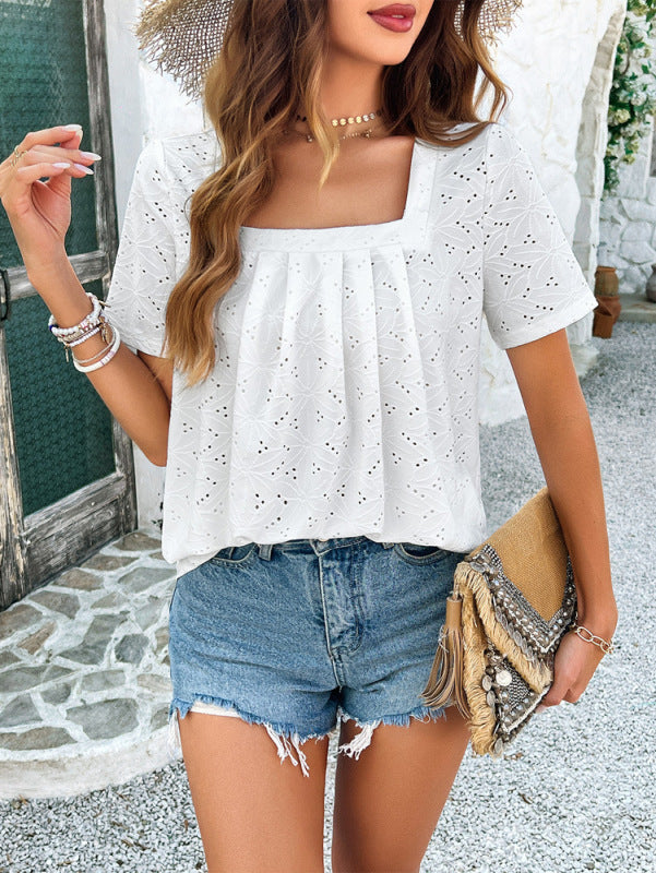 Women's Mauve Eyelet Short Sleeve Square Neck Casual Blouse Top - Image 9