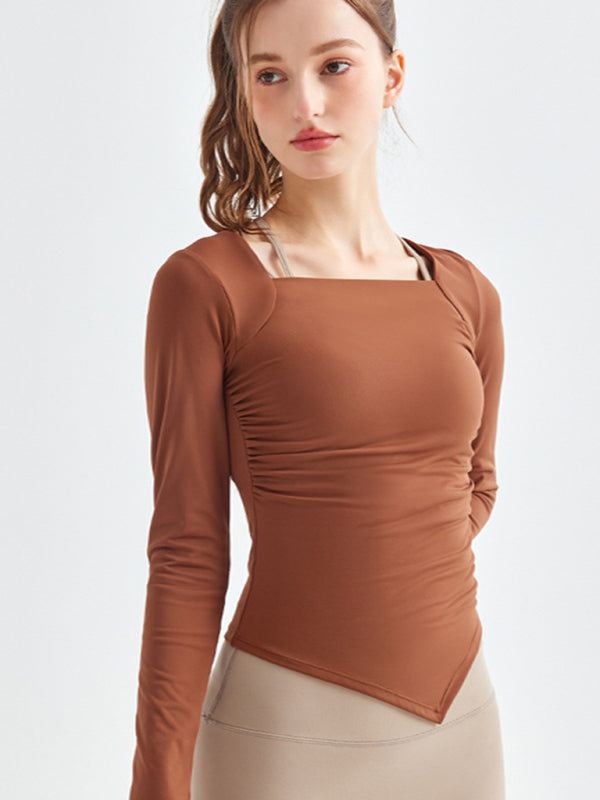 Women's Square Collar Long Sleeve Sports Top with Irregular Hem - Image 4