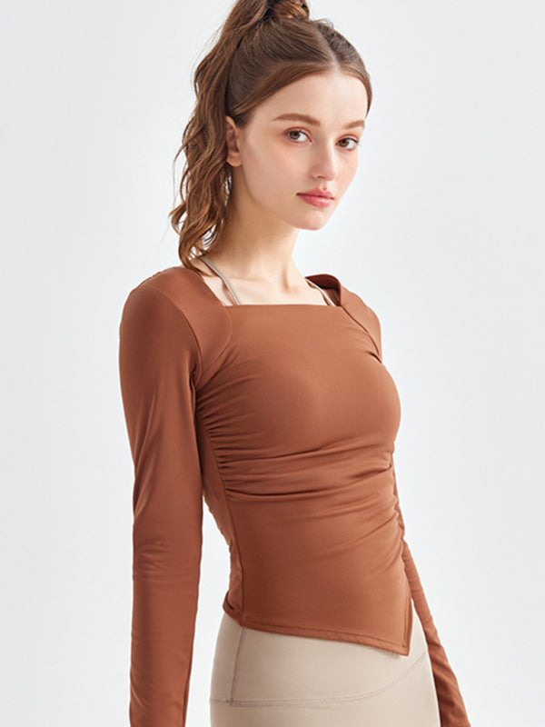Women's Square Collar Long Sleeve Sports Top with Irregular Hem - Image 3